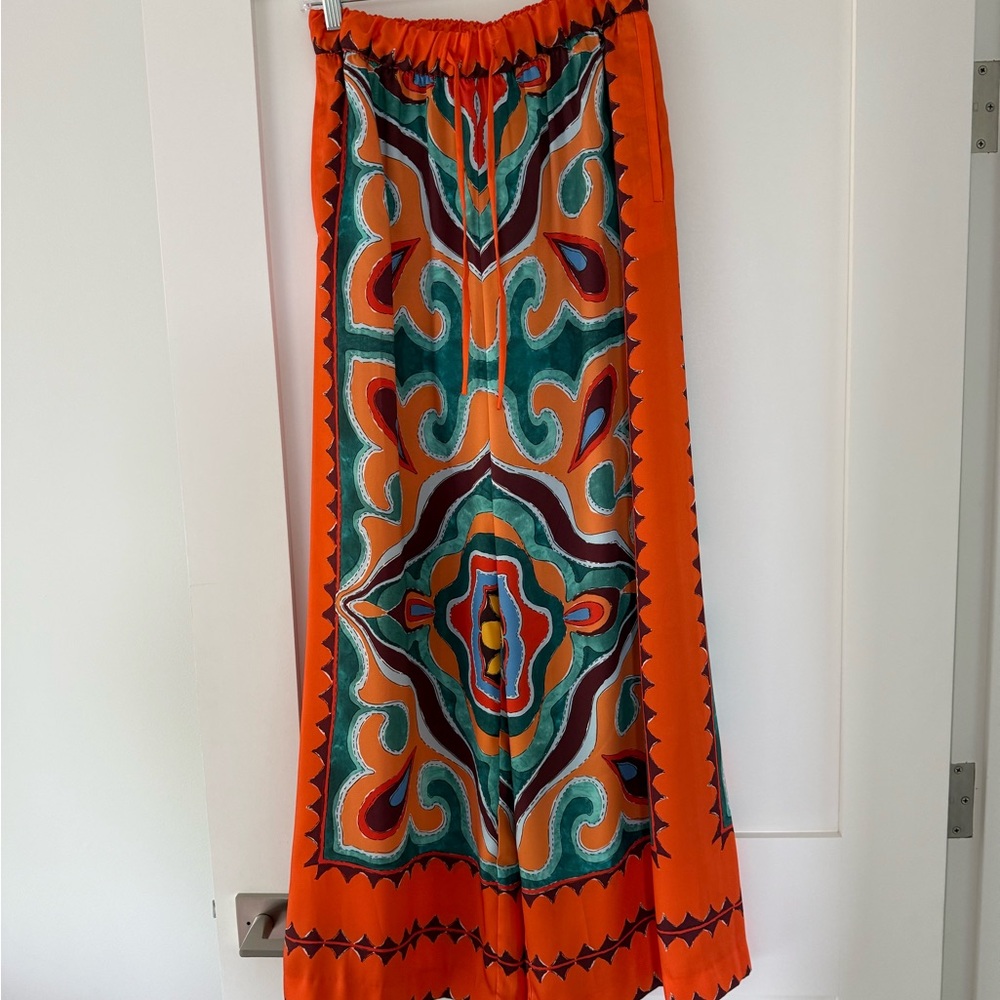 Zara Orange Wide-Leg Pants with Teal and Maroon Accents
